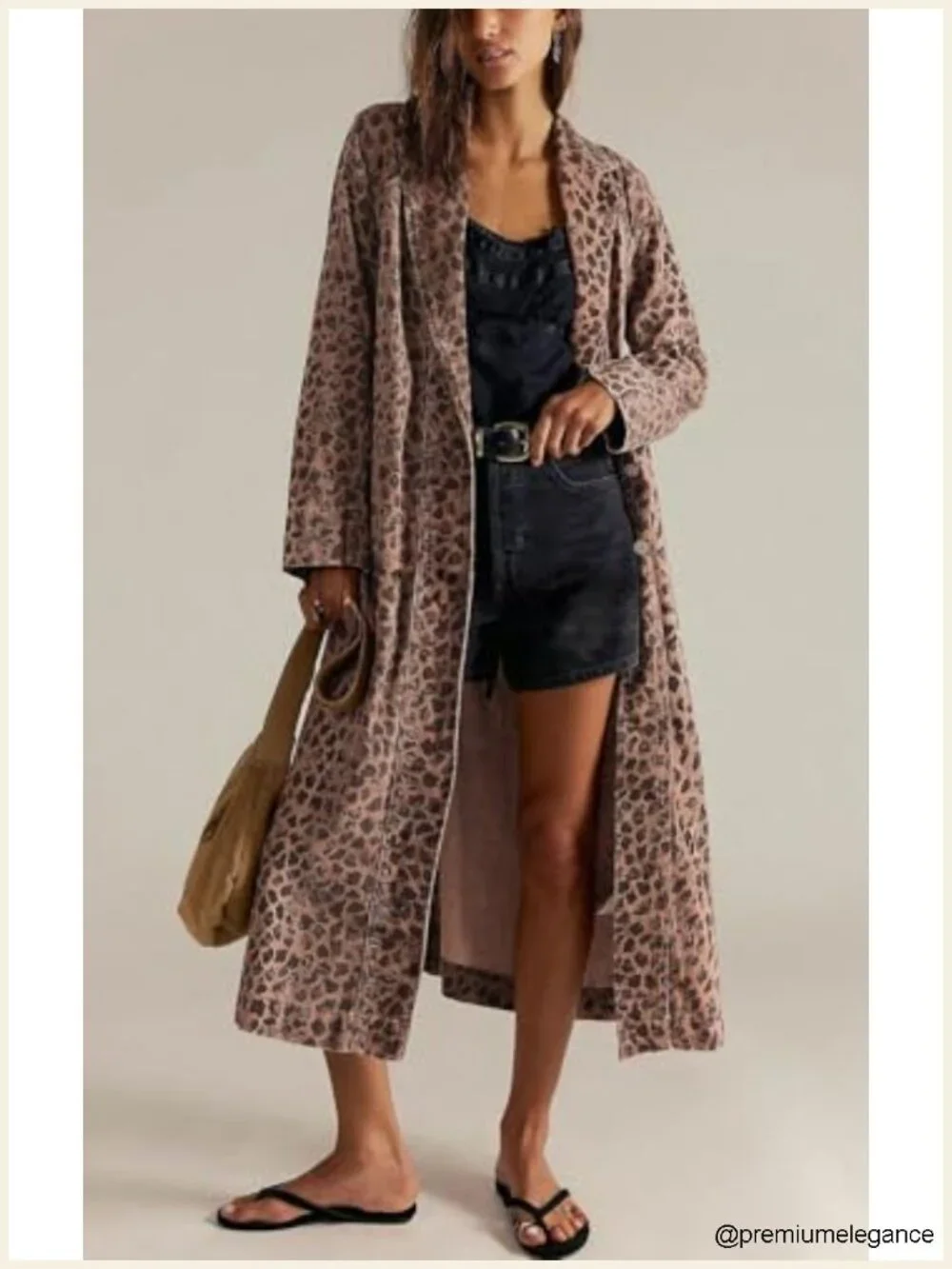 Leopard Print Denim Trench Coat Distressed Midi Long Jean Jacket Overcoat